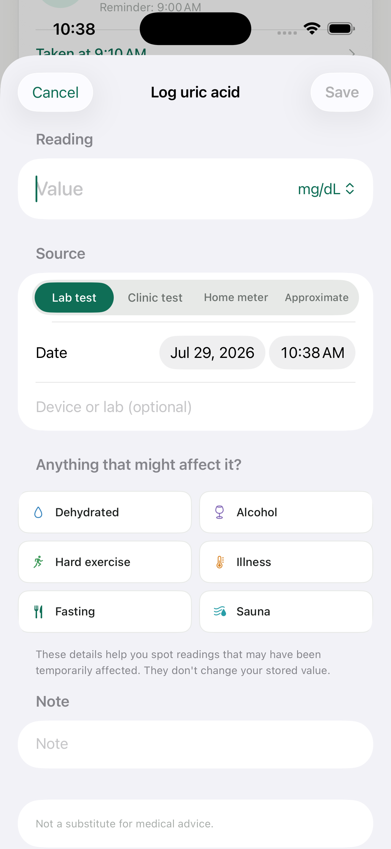 Goutly Log uric acid sheet: enter a value with its unit, pick the source (lab, clinic, home meter), and note anything that might have affected it.