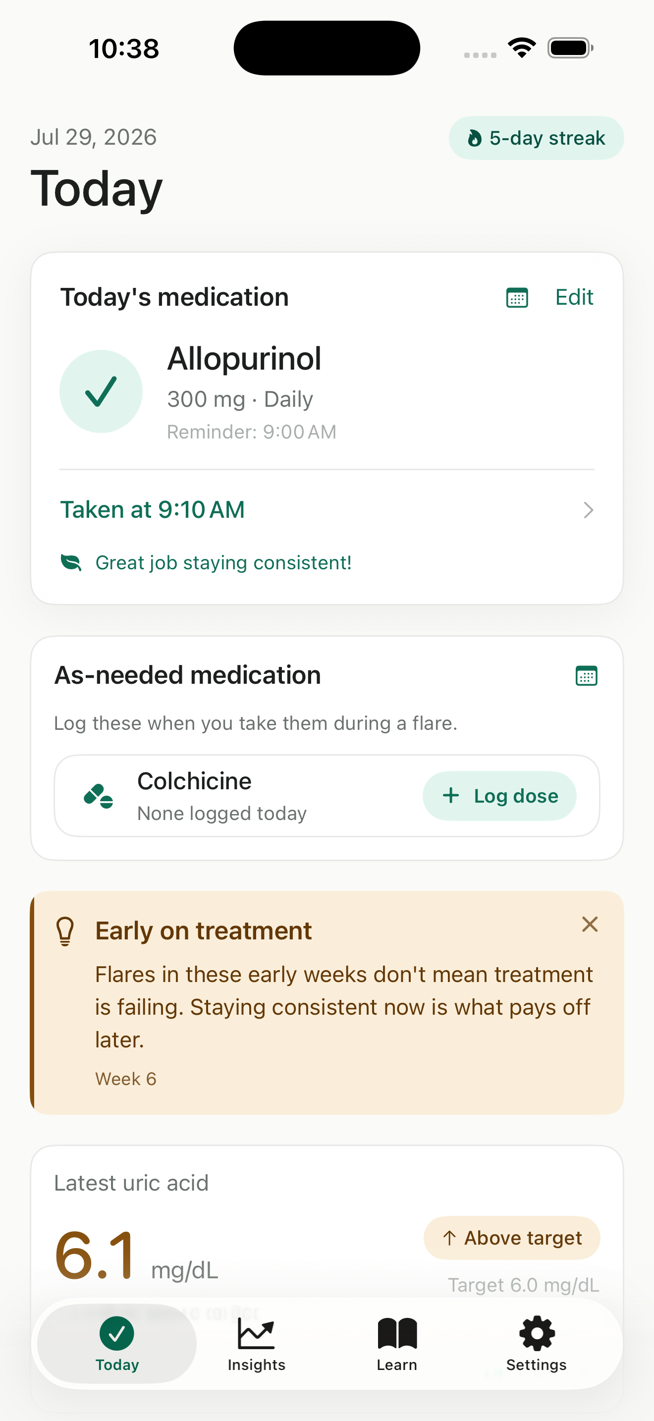 Goutly Today screen: today's medication marked as taken, an as-needed medication, a reassurance card, and the latest uric acid reading.
